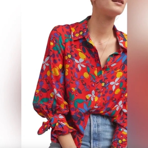 MAEVE by ANTHROPOLOGIE Blithe Button Down Blouse Shirt Top Red Fruit Print 4 - Picture 1 of 10